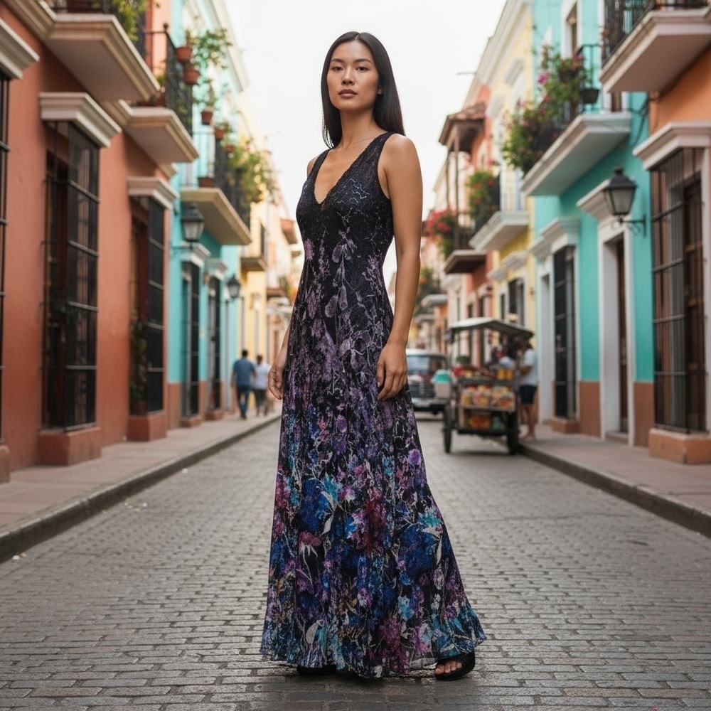 Komarov Floral Maxi Dress M Whimsigoth Alice V-Neck Lace Up Back Crinkle Rainbow
